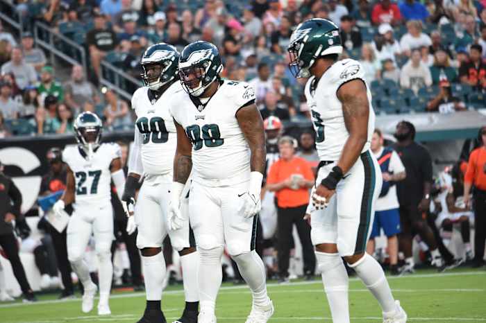 The Eagles' Univesity of Georgia connection from left to right: Jordan Davis (90), Jalen Carter (98), and Nolan Smith (3)